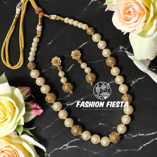 Elegant Simplicity: Gold and White Bead Maala Necklace Set