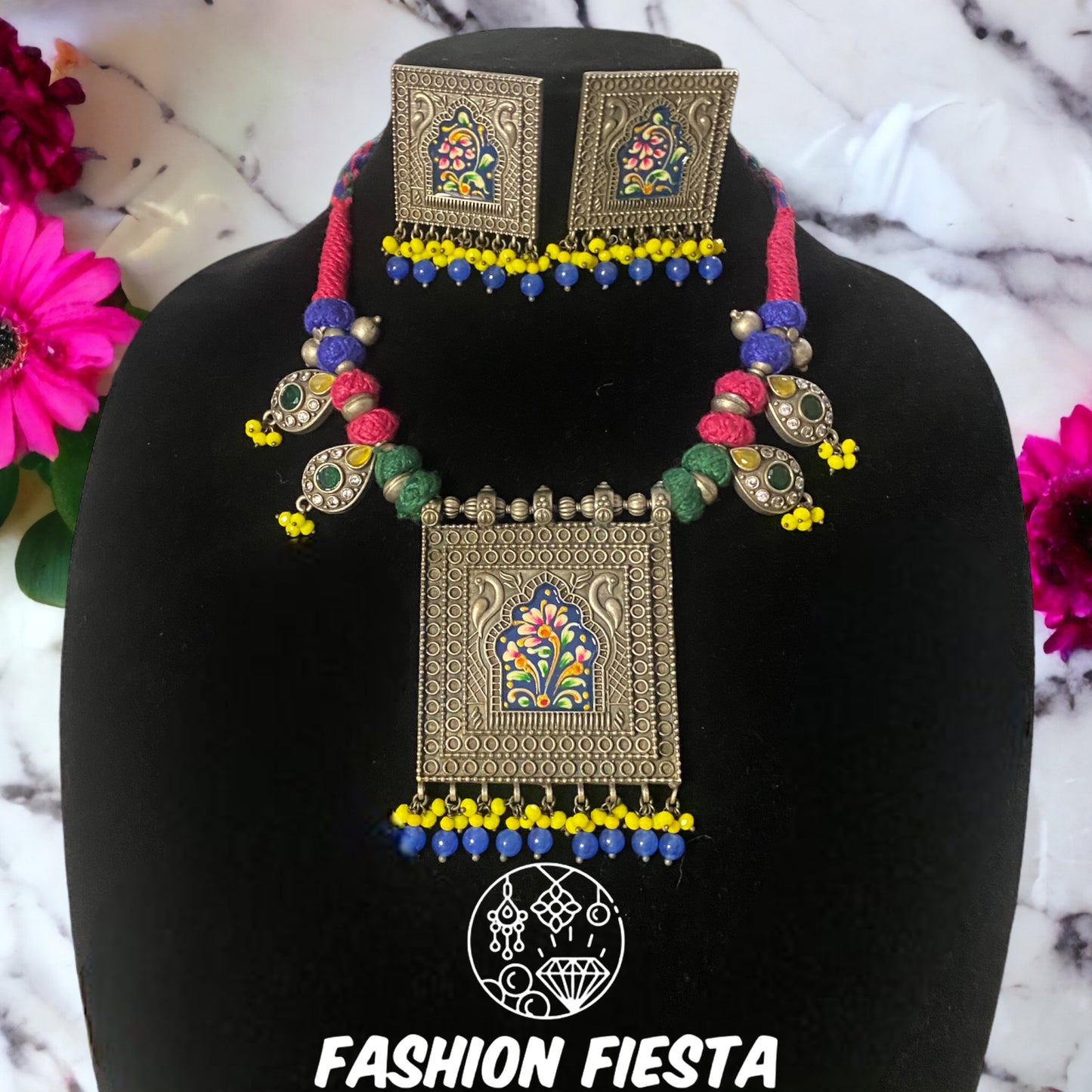 Oxidized Multi-Color Square Pendant Necklace Set